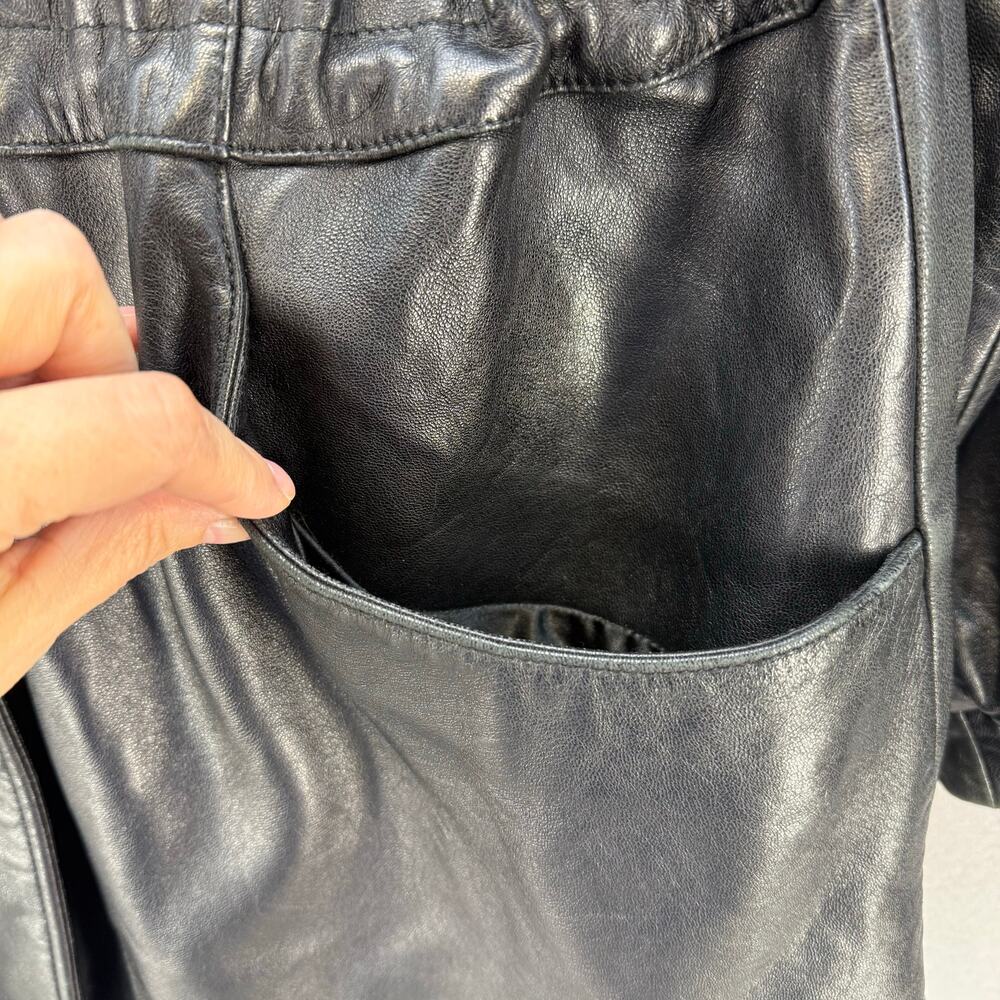 Worthington Leather Parka Women's L Black Lamb Skin Dyed Fox Fur Trim Hood EUC - Picture 4 of 14